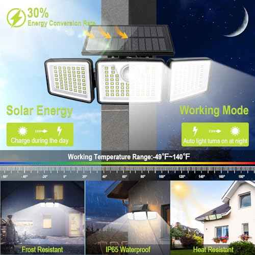 2500LM Solar Lights Outdoor with Motion Sensor,3 Head 270¡Æ Wide Angle Street Area Lights,IP65 Waterproof Security Lighting with 3 Modes(Non-Remote,3 Pcs)