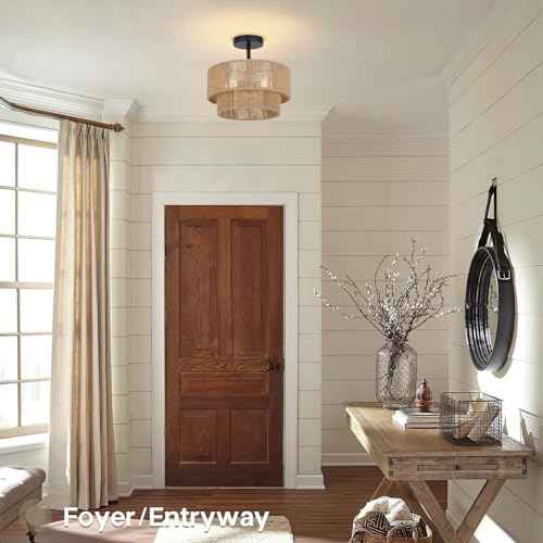 12.6'' Boho Light Fixtures Ceiling Mount, Coastal Hemp rope Semi Flush Mount Ceiling Light Fixture,3-Light Rustic Rattan Ceiling Light With 2-Tier Drum Shade, Nursery Light Fixture Bedroom Chandelier