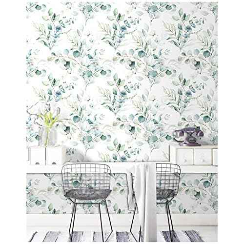 Floralplus Peel and Stick Wallpaper Boho Eucalyptus Leaf Wallpaper for Bathroom Renter Friendly Removable Wallpapers Stick On Contact Paper for Bedroom Home Decor 17.5 x118 in