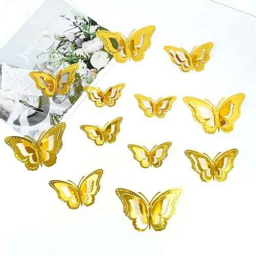 12 Pcs 3 Layers Wing Butterfly Wall Decor Gold 3D Hollow Stickers for Home Bedroom Cake Party Baby Shower Birthday Decorations