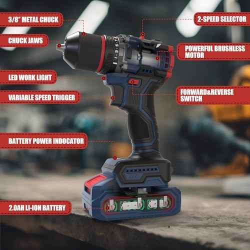 20V Cordless Drill Set, Brushless Power Drill with 2 Batteries and Charger, 3/8-Inch Metal Chuck, 22 Torque Settings, Drill/Driver Bits and Tool Bag Included