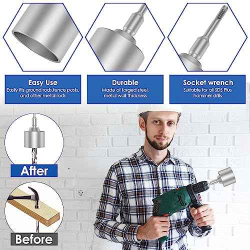 SDS Plus T-Post Ground Rod Driver,Ground Rod Driver Tool, Heavy Duty Forged Steel Drill Bit Driver, Durable Hammer Drill Rod Converter for Rotary Hammer Drill Ground Rods (2.55inch)