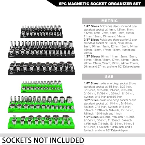 Magnetic Socket Organizer Set 6Pcs, Magnetic Socket Holder, 1/4", 3/8", 1/2" Drive Metric SAE Standard & Deep Sockets Magnetic Socket Trays