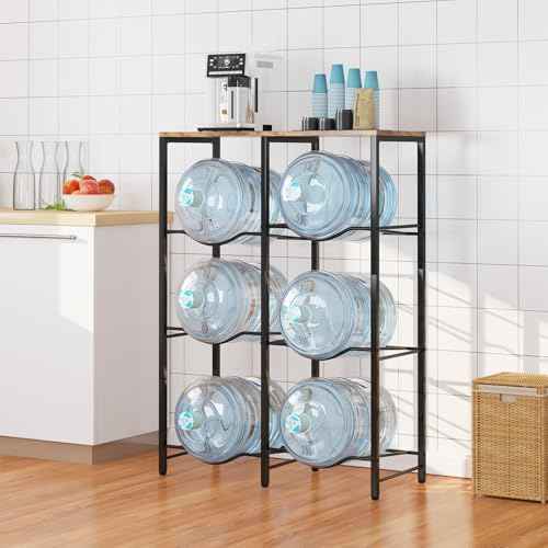 5 Gallon Water Jug Holder, Water Jug Stand with Storage Rack, 3-Tiers Water Dispenser Stand, Water Bottle Stand for Kitchen, Office, Living Room, Brown