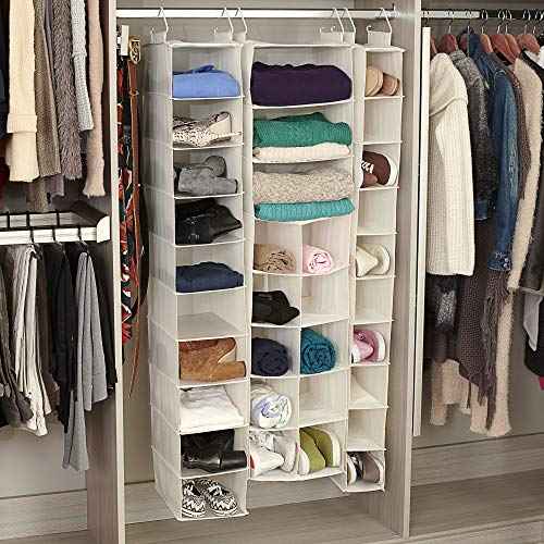 Household Essentials Hanging Shoe Organizer, Natural Canvas, With Clothes Storage, 10 Pockets and 3 Shelves, Collapsible, Cream