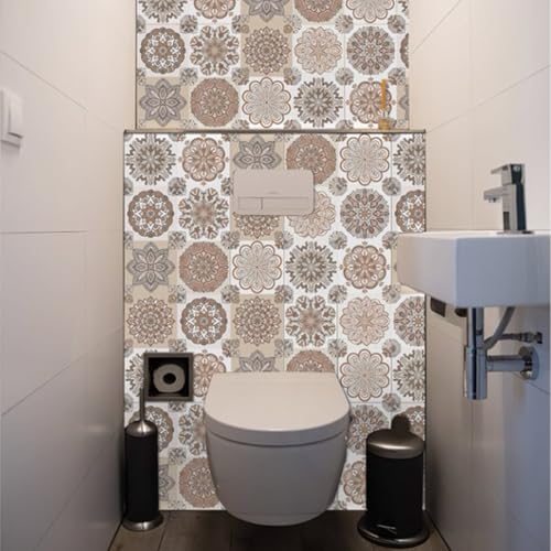 24PCS Mandala Tile Stickers Set, Peel and Stick Wall Tile Wall Decor for Home Bathroom Kitchen,Wall Sticker Backsplash Waterproof PVC Decoration Stickers, 4x4 Inch (Brown)