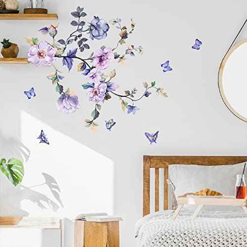 hanlongyu Purple Flower Wall Decals, Removable Fresh Flower Wall Stickers Peel and Stick Removable DIY Floral Butterflies Decals Tree Leaves Plant Wall Art Stickers Murals for Home Decor