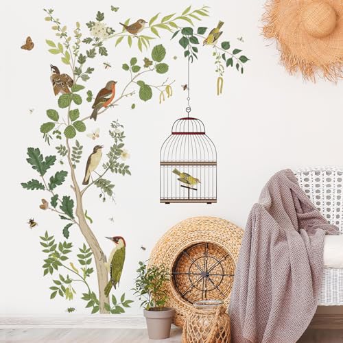 Removable Tree Bracnch Wall Decal Fresh Plant Leaves Wall Sticker Birds and Hanging Birdcage Wall Decor for Kids Girls Baby Boys Bedroom Living Room Bathroom Playroom Classroom Nursery Decoration
