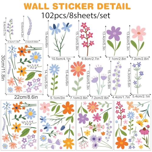 Wild Flower Wall Decals - Peel and Stick Removable Floral Wall Stickers for Nursery, Bedroom, Living Room Decor (8 Sheets 102 Pcs Wildflower Mural Art, Garden Theme)
