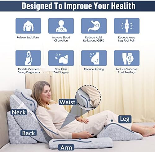 5pcs Orthopedic Bed Wedge Pillow Set, Adjustable Memory Foam, Post Surgery Foam for Back Neck & Leg Pain Relief Support, Acid Reflux, Snoring Reading, Sleeping, Sitting up, Blue