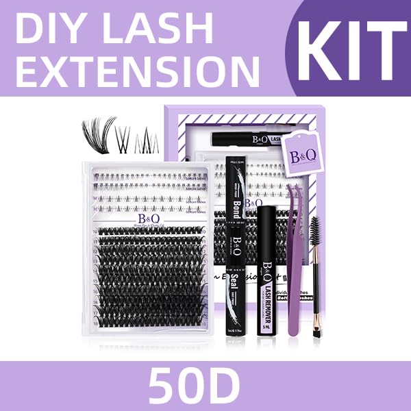 B&Qaugen Eyelash Extension Kit with Bottom Lash Extension 10-18mm 50D D Curl Lash Clusters Kit with Bottom Lashes DIY Lash Extension Kit Bond and Seal Lash Applicator (Kit-50D-D-MIX10-18)