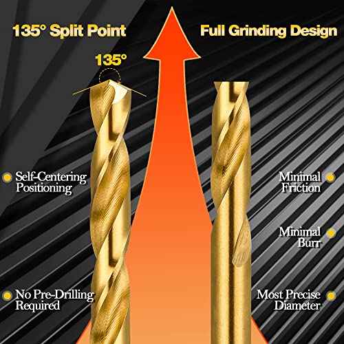 1/8" Titanium Drill Bits, HSS Metal Jobber Length Twist Drill Bits, 135¡Æ Split Point, Suitable for Drilling in Metal, Plastic, Wood, Pack of 20pcs, BECOLLO¡¦
