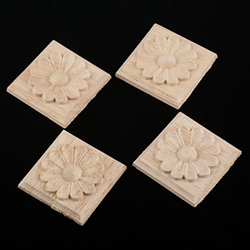 MUXSAM Wooden Carved Appliques Onlays, 4-Pack Unpainted Solid Wood Square Carvings Decals for Cabinet Dresser Cupboard Mirrors Walls Doors Closet Fireplace Wardrobe DIY Project, 6x6cm/2.36"x2.36"