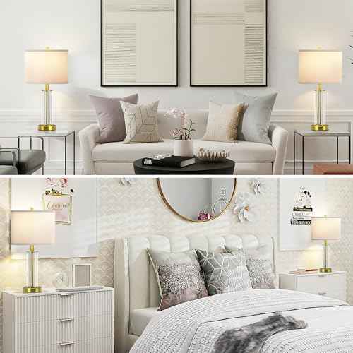 Modern Table Lamps for Bedrooms Set of 2, 22.8" Gold Glass End Table Lamps for Living Room with 3-Color Temperature, White Shade Bedside Nightstand Lamps, None-fillable