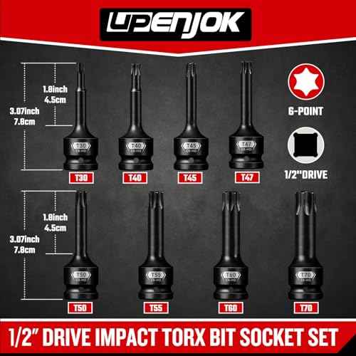 8-Pieces 1/2" Drive Impact Torx Bit Socket Set, T30 T40 T45 T47 T50 T55 T60 T70, Impact Star Bit Socket Set with Storage Case, Professional Master Repair Socket Kit, Cr-Mo Steel