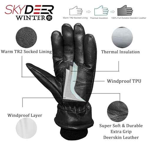 SKYDEER 100% Full Grain Deerskin Leather Winter Gloves for Men, Warm Work Gloves, Thermal Insulated Truck Driving Gloves