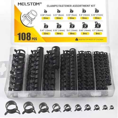 108Pcs Spring Hose Clamps, Fuel Line Clamp Kit, Low Pressure Air Clip Clamp 10 Sizes (7mm 8mm 9mm 10mm 11mm 12mm 14mm 15mm 16mm 18mm) Black