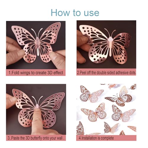 JOSDIOX 3D Butterfly Removable Metallic Wall Sticker 4 Styles 3 Sizes, Mural Decals for Kids Room Bedroom D?cor Nursery Classroom Party Decoration Wedding DIY (Rose Gold 48 Pcs)