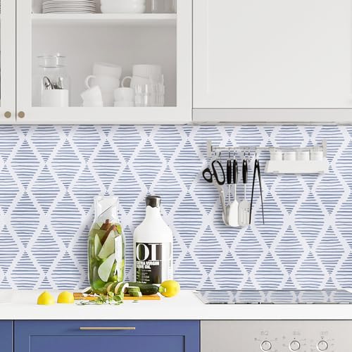 WENMER Geometric Peel & Stick Wallpaper - 17.3' x 118' Blue & White Striped Contact Paper for Restroom & Bedroom