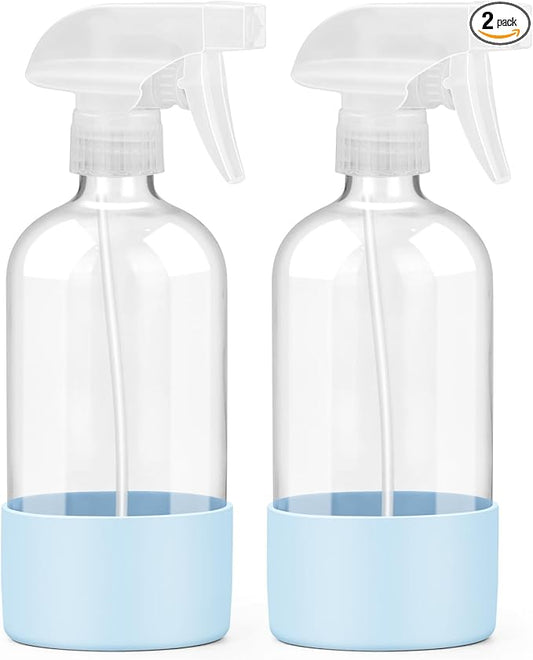 Worldgsb 2 Pack Glass Spray Bottles with Silicone Sleeve, 16 oz Empty Refillable Containers with Adjustable Spray Nozzles, Spray Bottles for Hair, Cleaning Solutions and Plants Blue