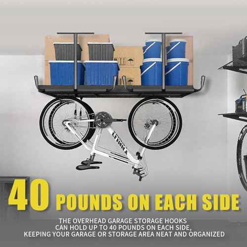 4 Pack Overhead Garage Storage Rack,17" Overhead Garage Storage Hooks,Heavy Duty Ceiling Mount Hangers with 40 Lbs Capacity Per Side, Ideal for Hanging Bikes, Pipes, and Lumber