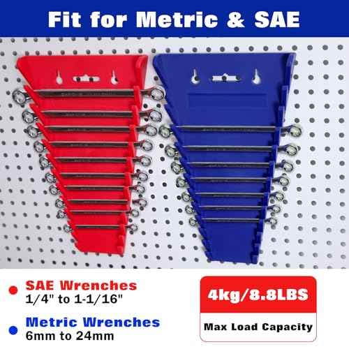 4Pack Magnetic Wrench Organizer for Tool Box, 48 Slots Wrench Rack Tool Trays for SAE(1/4"- 1-1/16") and Metric(6mm-24mm) Wrench Storage, Wrench Holders Combination Wrench Organizer, Red&Blue