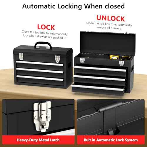 3 Drawer Metal Tool Box, Portable Metal Tool Box with EVC Liners and Latches Closure, Heavy Duty Steel Tool Chest with Ball Bearing Opening and Powder Coated Finish, Black