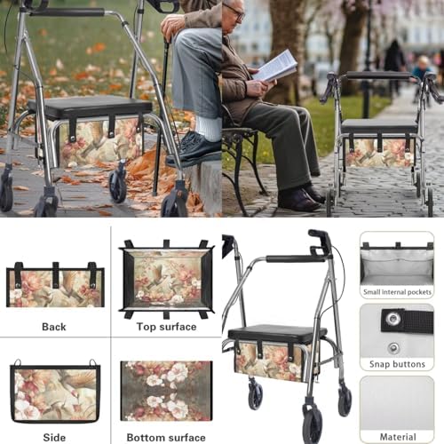 LedBack 3 Pack Rollator Accessories Walker Seat and Backrest Rollbar Covers Walker Storage Bag Hummingbirds Florals Universal Walker Accessories for Mobility Scooter