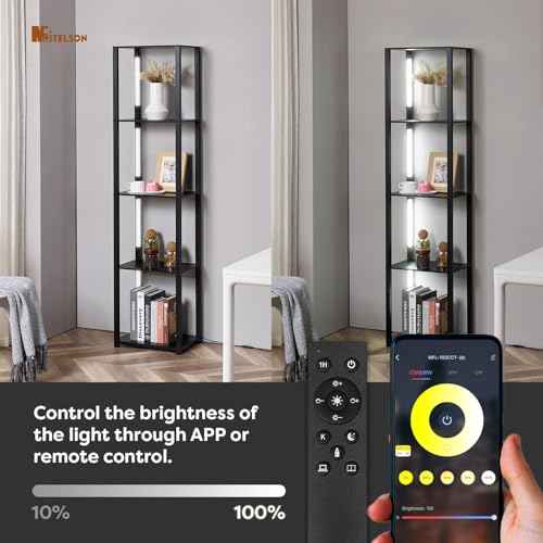 LED Floor Lamp with Shelves, Shelf Lamp with Remote for Bedroom and Living Room, Corner Display Floor Lamps with Storage, Modern Dimmable Floor Lamp with 5-Tier Open Shelve (Black)