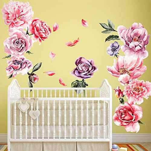 Amaonm Removable 3D Beautiful Pink Red Peony Flower with Green Plants Leaf Wall Decal Wall Stickers DIY Peel and Stick Art Decor for Kids Girls Bedroom Living Room Nursery Decoration (A)