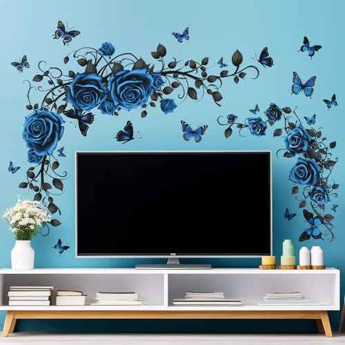 Removable Blue Floral Rose Wall Decor 3D Peel and Stick Flower Vine Black Plants Vines Leaf Wall Stickers Flying Butterfly Wall Decals for Kids Girls Baby Bedroom Nursery Living Room (Blue)
