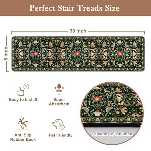 OJIA Floral Stair Treads Non-Slip Stair Runner for Wooden Steps Indoor 15PCS 30"x8" Carpet Stair Treads Stair Mats Staircase Step Treads for Kids, Elders and Dogs, Stair Covers, Black