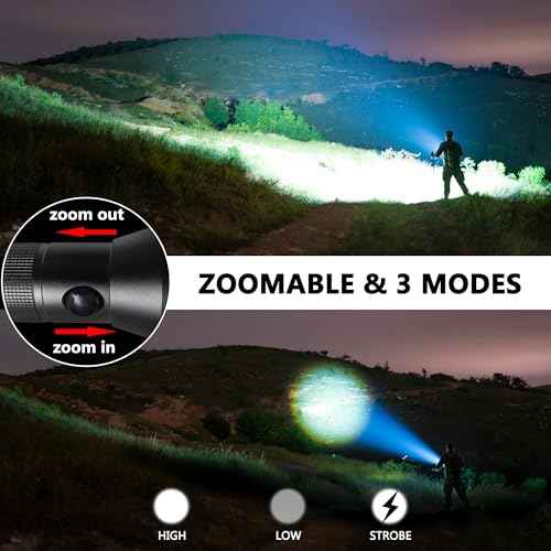 Heavy-Duty LED 4-Cell D Flashlight High Lumens, 3 Modes, Zoomable Flashlights for Power Outages, Hurricane Supplies, Camping