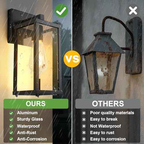 Outdoor Porch Lights Sconce: Waterproof & Stylish Exterior Lighting Fixtures, Black Wall Light with E26 Socket and Glass Shade, Modern Outdoor Lanterns for Patio & Front Door (2 Pack)