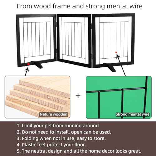 ZJSF Freestanding Dog Gate Indoor, Foldable Dog Fence for Doorways,Hallways or Stairs, Sturdy Wood Extra Wide Pet Gate with Support Feet,Black,24 "Height-3 Panels