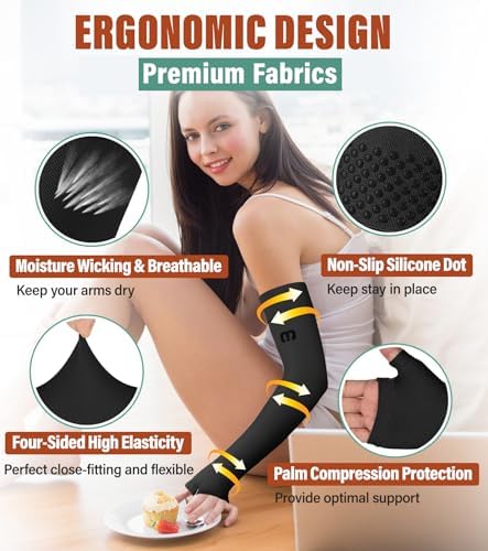 MGANG Lymphedema Compression Arm Sleeve with Gauntlet for Women Men, Opaque, 15-20 mmHg Medical Graduated Compression Full Arm Support, Thumb Lymph Edema Arm Sleeve, Pain Relief, Arthritis, Black 3XL