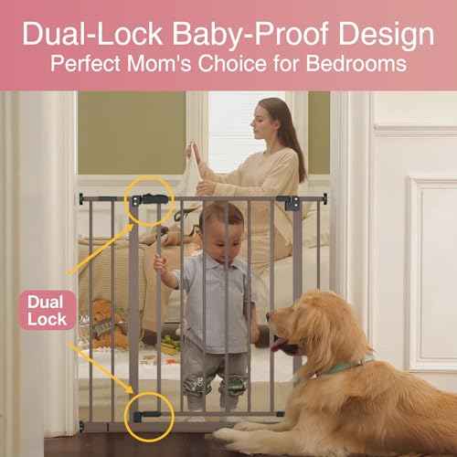 InnoTruth 29.5?40.75" Baby Gate for Stairs, 30" Tall Dog Gates for Doorways & Hallways, Safety Gate for Kids & Pets, Pressure-Mounted Walk-Through with Dual Lock & 2-Way Swing, Brown