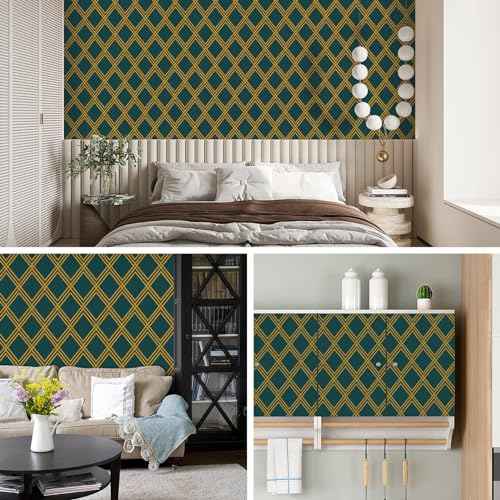 Ohmywor Peel and Stick Wallpaper Dark Green and Gold Wallpaper, Diamond Geometric Wallpaper Contact Paper, Self Adhesive Removable Decorative Trellis Wall Covering Vinyl 17.7"x118"