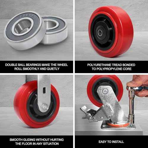 5 Inch Polyurethane Caster Wheels- Polyurethane on Polyolefin Core Wheel with Double Roller Bearing, Casters Set of 4 Heavy Duty with 4000 lbs Capacity, Use for Handling, Industrial Trolleys