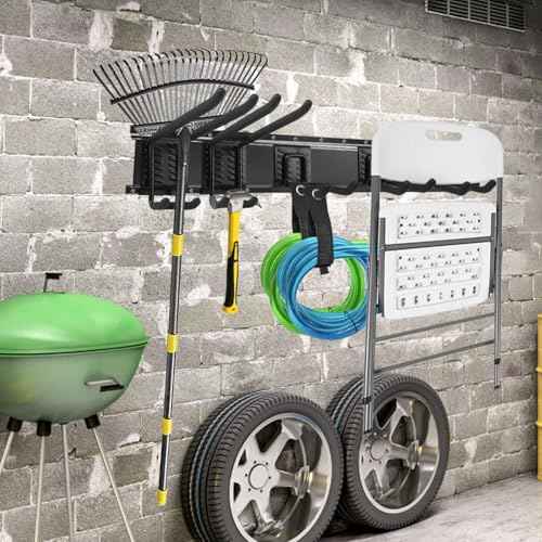 Garage Tool Organizer Wall Mount 48 inches Sturdy Storage Rack with Adjustable Hooks, Anti-Rust - Easy Installation, 12 Packs Capacity Garden Tool Organizer
