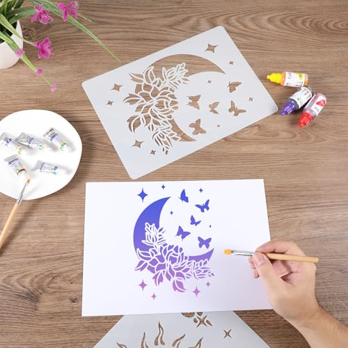 9 Pcs Reusable Stencils for Painting Template Sun Star Moon Tile Walls Floor Creative Drawing Stencil for DIY Craft on Patio Wood Wall Furniture Home Decor Rectangular Style