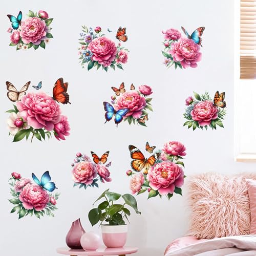 Cute Pink Peony Floral Butterfly Wall Stickers Decor Wall Decals Peel and Stick Flowers DIY Removable Funky Home Wall Art Decorations for Living Room Kitchen Bedroom Office