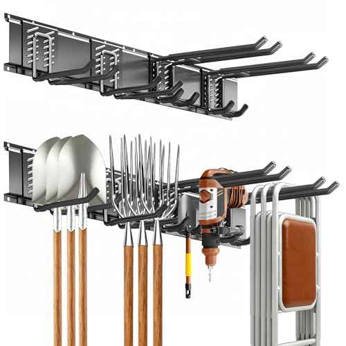 Garage Tool Organizer Wall Mount, 32inch Heavy-Duty Garage Storage System and Garden Tool Organizer with 4 Adjustable Hooks for Shovel, Snowboard, Yard Tools and Shed
