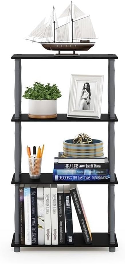 Furinno Turn-N-Tube 4-Tier Multipurpose Shelf Display Rack, Classic Tubes, Black/Grey