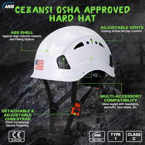 Carbon Fiber Pattern Hard Hats - Construction OSHA Approved Hard Hat,ANSI Z89.1 Type 1 Class C Adjustble Vented Safety Helmet for Men Women,6-Pt Suspension Low Profile Hard Hat with Chin Strap Cascos