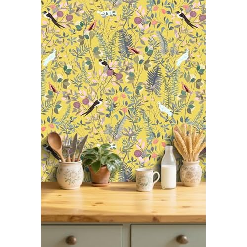 HAOKHOME Peel and Stick Wallpaper Yellow Botanical Bird Chinoiserie Vintage Wall Paper Self Adhesive Contact Paper for Accent Wall Shelf Liner 17.3in x 9.8ft