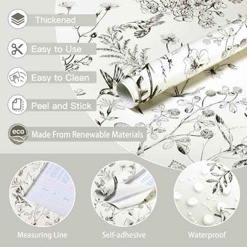 Safiyya Peel and Stick Wallpaper Floral Birds Contact Paper Black and White Wall Paper Peel and Stick Modern Boho Removable Self Adhesive Wallpaper Vinyl Rolls 118"x17.3"
