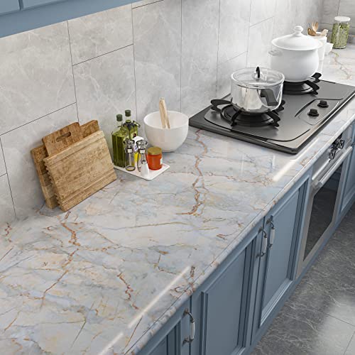 CRE8TIVE Cyan Gold Marble Contact Paper for Countertops Waterproof Glossy Cracked Marble Wallpaper Peel and Stick Countertops Self Adhesive Thick Vinyl Removable Wallpaper for Bathroom Kitchen 12"x80"