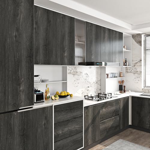 Livelynine Espresso Wood Stain Contact Paper Peel and Stick Countertops Waterproof Kitchen Cabinet Wallpaper Dark Grey Wood Grain Vinyl Wrap for Cabinets Desk Cover Laminate Countertop Roll 15.8x78.8