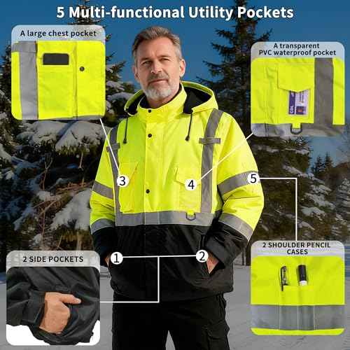 FATONE Hi Vis Jackets for Men Reflective Safety Bomber Jacket Cold Weather, Construction Winter Coat for Work